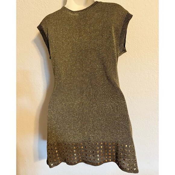 dots brand Gold Metallic Knit V-Neck Sleeveless Tunic Top With Studded Hemline S - Picture 6 of 9